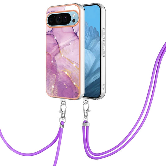 For Google Pixel 9 / 9 Pro Electroplating Marble Dual-side IMD Phone Case with Lanyard(Purple 001) by buy2fix
