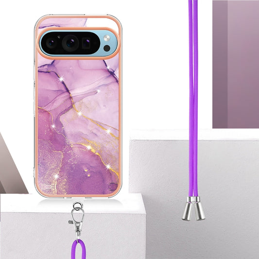 For Google Pixel 9 / 9 Pro Electroplating Marble Dual-side IMD Phone Case with Lanyard(Purple 001) by buy2fix