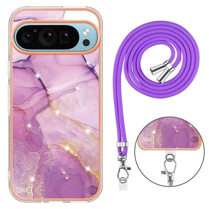 For Google Pixel 9 / 9 Pro Electroplating Marble Dual-side IMD Phone Case with Lanyard(Purple 001) by buy2fix