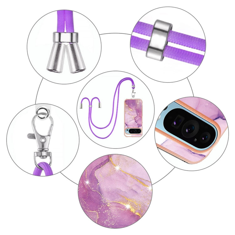 For Google Pixel 9 / 9 Pro Electroplating Marble Dual-side IMD Phone Case with Lanyard(Purple 001) by buy2fix