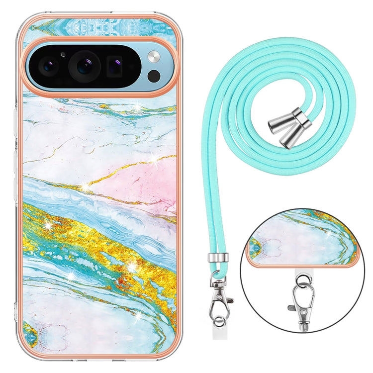 For Google Pixel 9 / 9 Pro Electroplating Marble Dual-side IMD Phone Case with Lanyard(Green 004) by buy2fix