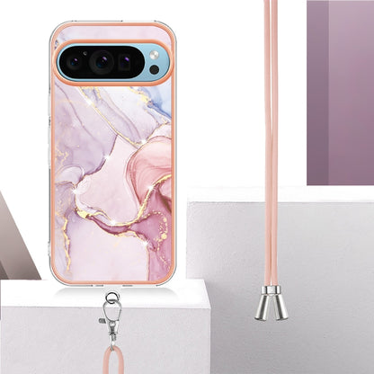 For Google Pixel 9 / 9 Pro Electroplating Marble Dual-side IMD Phone Case with Lanyard(Rose Gold 005) by buy2fix