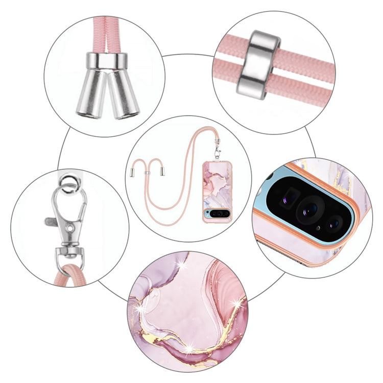 For Google Pixel 9 / 9 Pro Electroplating Marble Dual-side IMD Phone Case with Lanyard(Rose Gold 005) by buy2fix