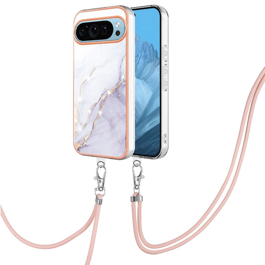 For Google Pixel 9 / 9 Pro Electroplating Marble Dual-side IMD Phone Case with Lanyard(White 006) by buy2fix