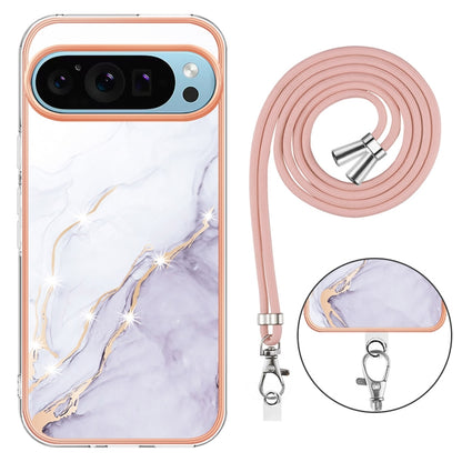 For Google Pixel 9 / 9 Pro Electroplating Marble Dual-side IMD Phone Case with Lanyard(White 006) by buy2fix