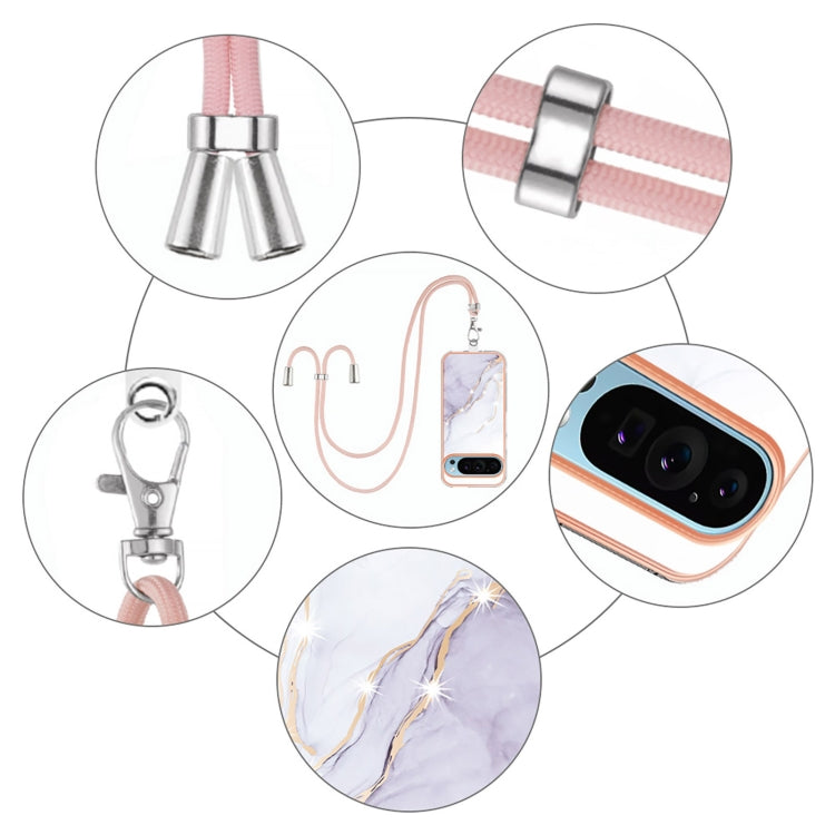 For Google Pixel 9 / 9 Pro Electroplating Marble Dual-side IMD Phone Case with Lanyard(White 006) by buy2fix