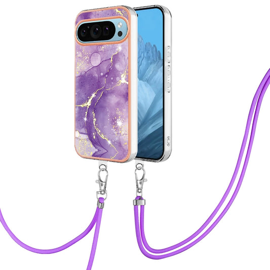 For Google Pixel 9 Pro XL Electroplating Marble Dual-side IMD Phone Case with Lanyard(Purple 002) by buy2fix