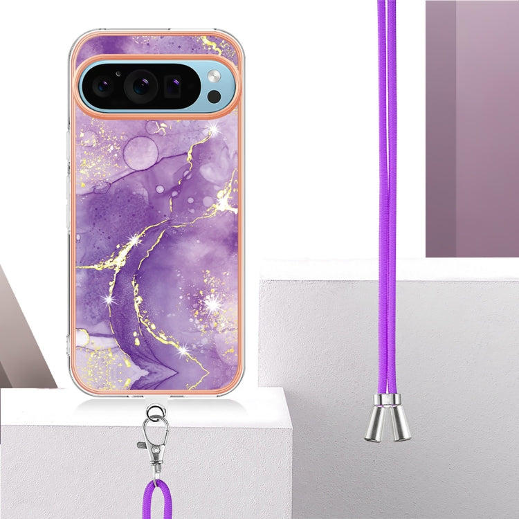 For Google Pixel 9 Pro XL Electroplating Marble Dual-side IMD Phone Case with Lanyard(Purple 002) by buy2fix