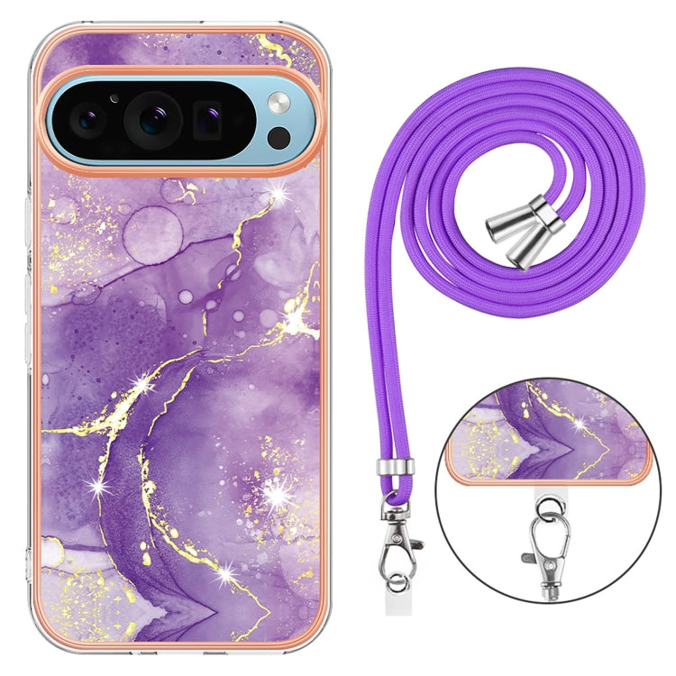 For Google Pixel 9 Pro XL Electroplating Marble Dual-side IMD Phone Case with Lanyard(Purple 002) by buy2fix