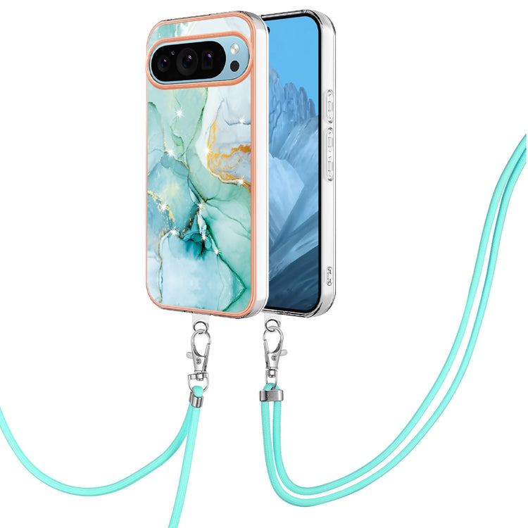 For Google Pixel 9 Pro XL Electroplating Marble Dual-side IMD Phone Case with Lanyard(Green 003) by buy2fix