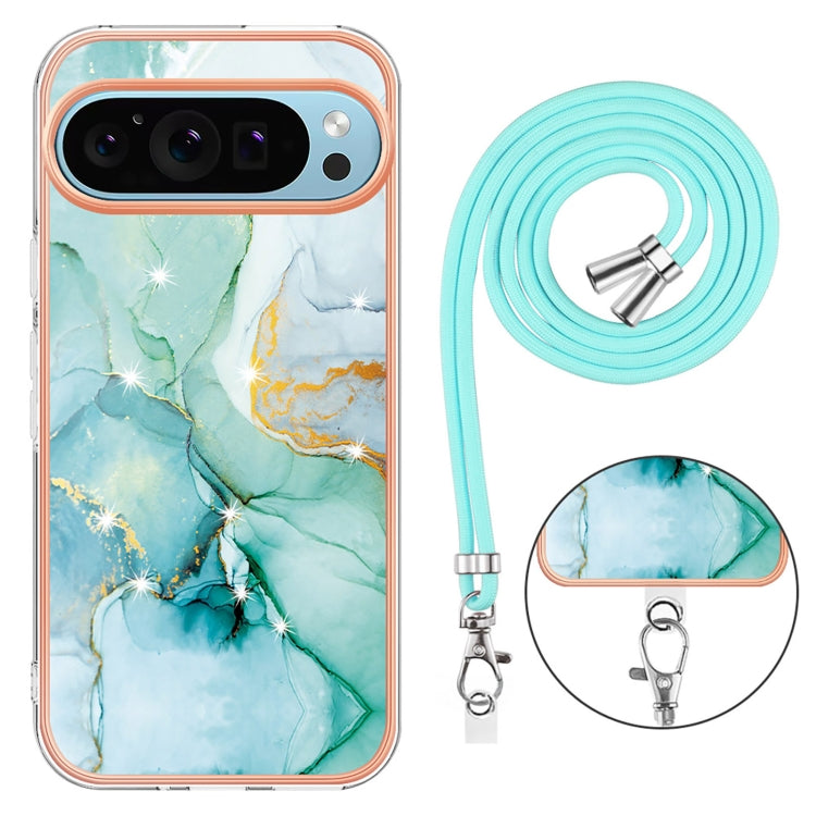 For Google Pixel 9 Pro XL Electroplating Marble Dual-side IMD Phone Case with Lanyard(Green 003) by buy2fix