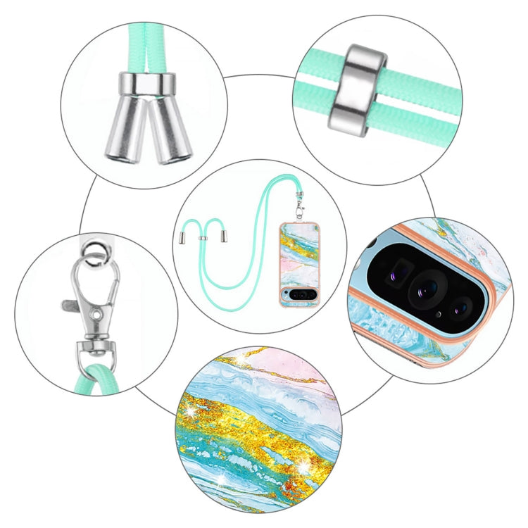 For Google Pixel 9 Pro XL Electroplating Marble Dual-side IMD Phone Case with Lanyard(Green 004) by buy2fix