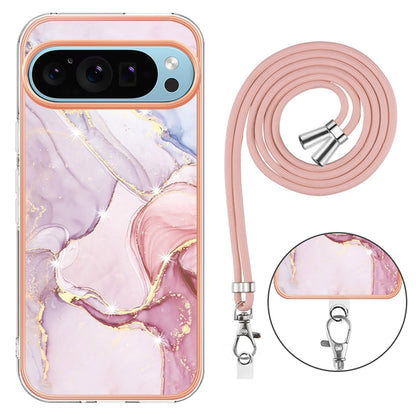 For Google Pixel 9 Pro XL Electroplating Marble Dual-side IMD Phone Case with Lanyard(Rose Gold 005) by buy2fix