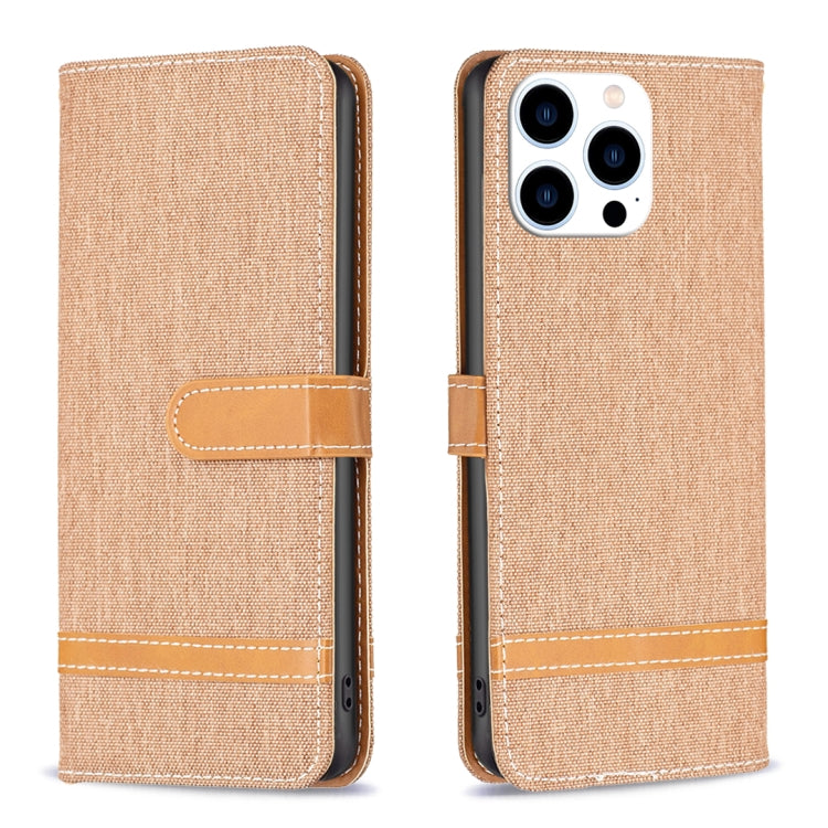 For iPhone 16 Pro Max Color Block Denim Texture Leather Phone Case(Brown) by buy2fix