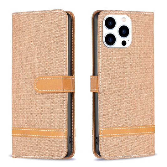 For iPhone 16 Pro Max Color Block Denim Texture Leather Phone Case(Brown) by buy2fix