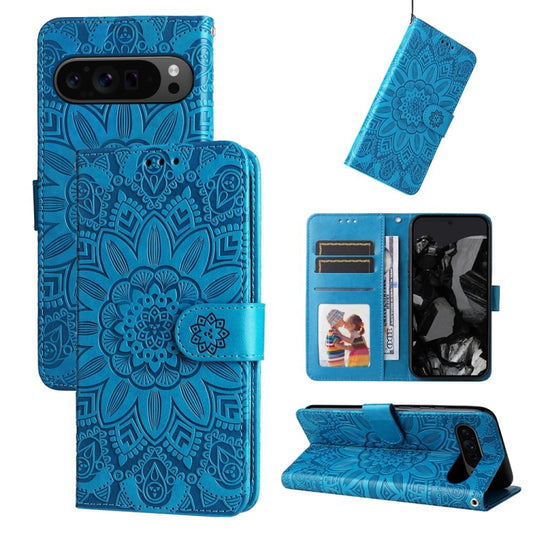For Google Pixel 9 Pro Embossed Sunflower Leather Phone Case(Blue) by buy2fix