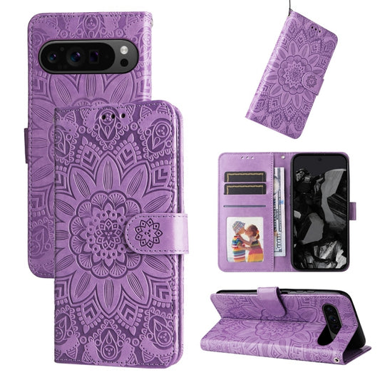 For Google Pixel 9 Pro Embossed Sunflower Leather Phone Case(Purple) by buy2fix