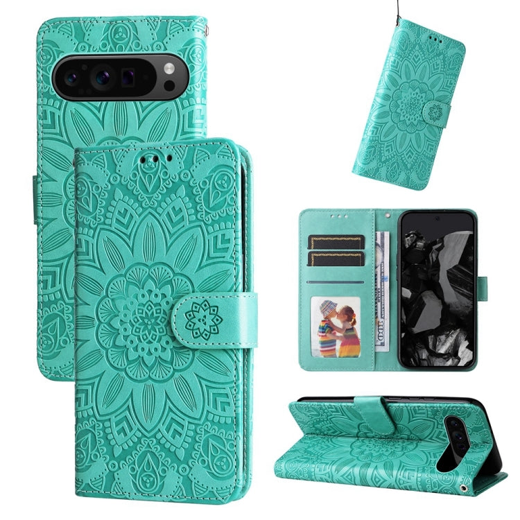 For Google Pixel 9 Pro Embossed Sunflower Leather Phone Case(Green) by buy2fix