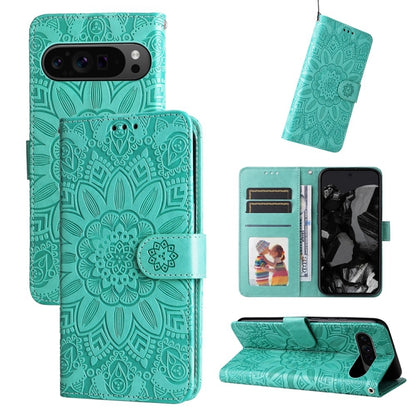 For Google Pixel 9 Pro Embossed Sunflower Leather Phone Case(Green) by buy2fix