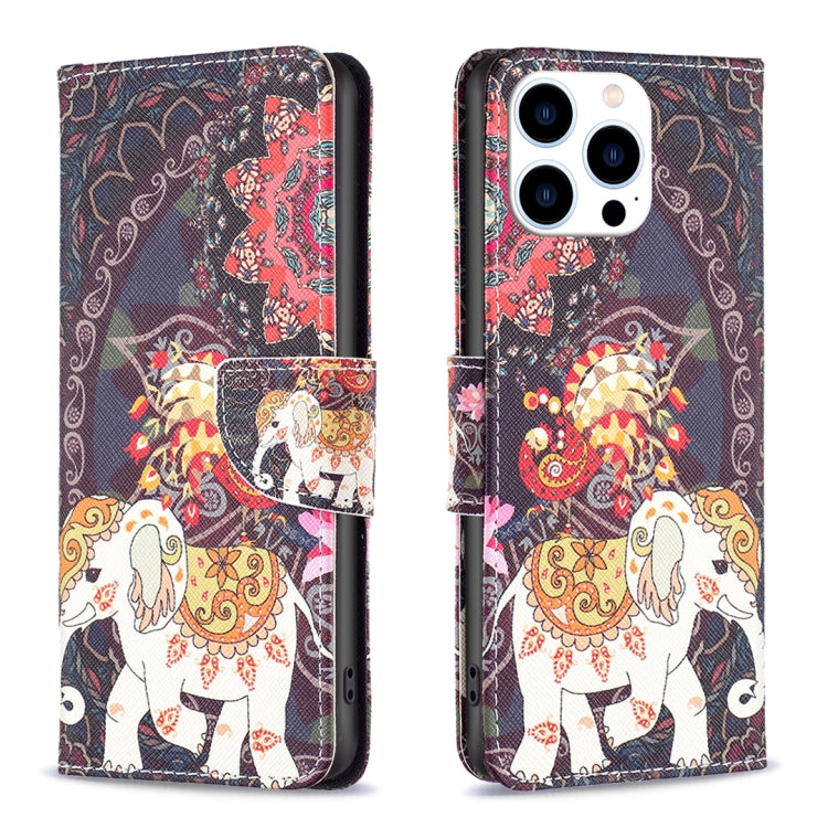 For iPhone 16 Pro Max Colored Drawing Pattern Flip Leather Phone Case(Flowers Elephant) by buy2fix