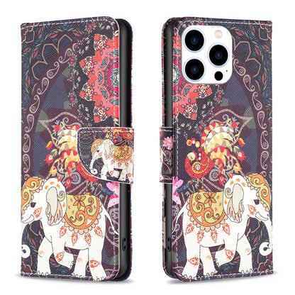 For iPhone 16 Pro Max Colored Drawing Pattern Flip Leather Phone Case(Flowers Elephant) by buy2fix
