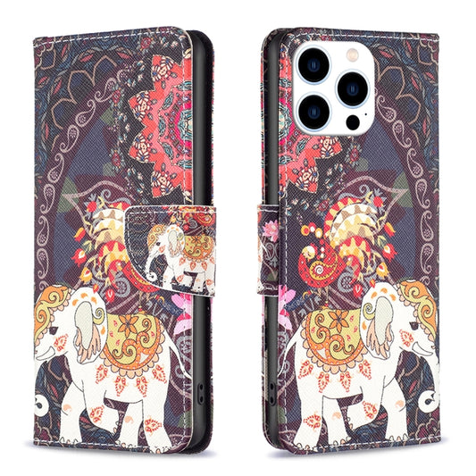 For iPhone 16 Pro Max Colored Drawing Pattern Flip Leather Phone Case(Flowers Elephant) by buy2fix