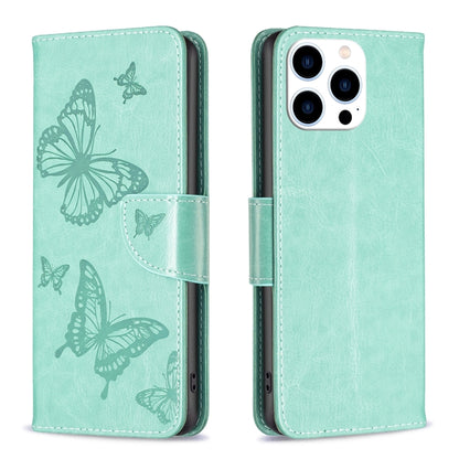 For iPhone 16 Pro Max Embossing Two Butterflies Pattern Leather Phone Case(Green) by buy2fix