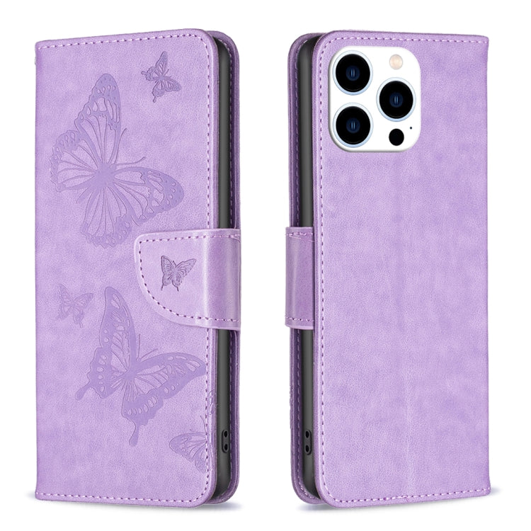 For iPhone 16 Pro Max Embossing Two Butterflies Pattern Leather Phone Case(Purple) by buy2fix