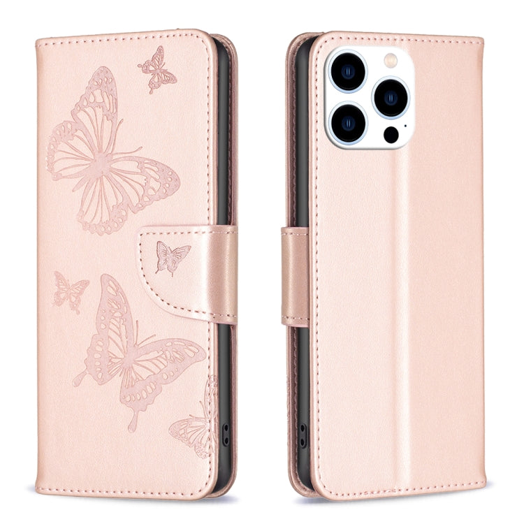 For iPhone 16 Pro Max Embossing Two Butterflies Pattern Leather Phone Case(Rose Gold) by buy2fix
