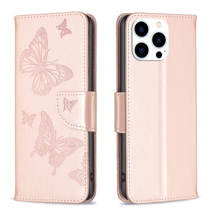 For iPhone 16 Pro Max Embossing Two Butterflies Pattern Leather Phone Case(Rose Gold) by buy2fix