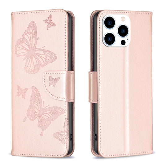 For iPhone 16 Pro Max Embossing Two Butterflies Pattern Leather Phone Case(Rose Gold) by buy2fix