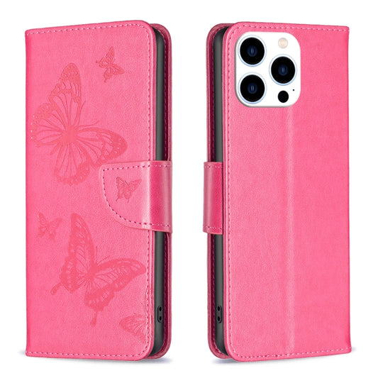 For iPhone 16 Pro Max Embossing Two Butterflies Pattern Leather Phone Case(Rose Red) by buy2fix