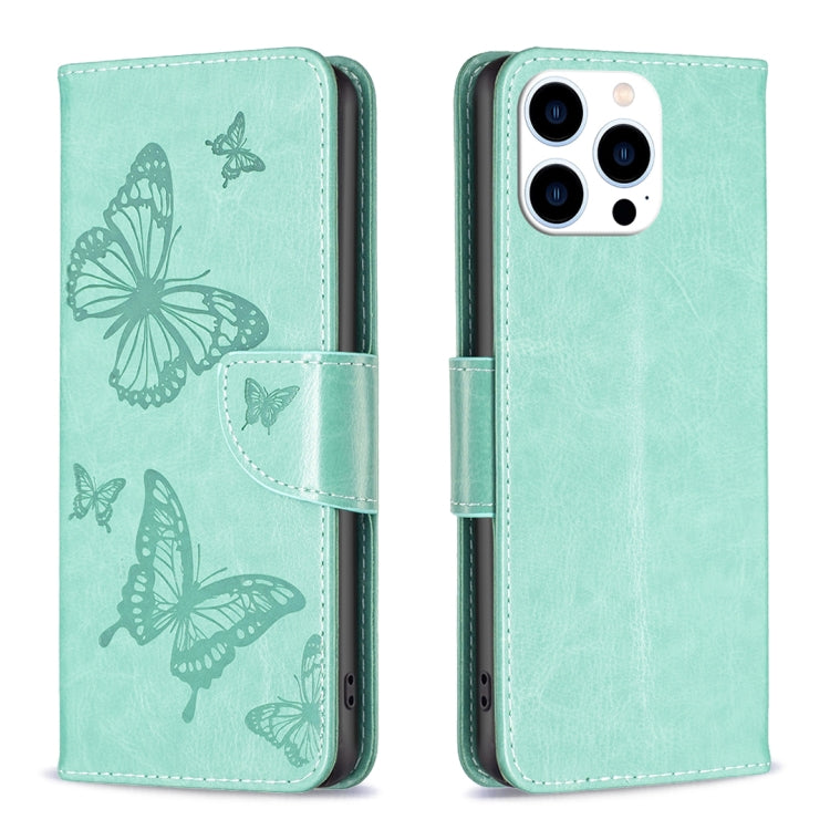 For iPhone 16 Pro Embossing Two Butterflies Pattern Leather Phone Case(Green) by buy2fix