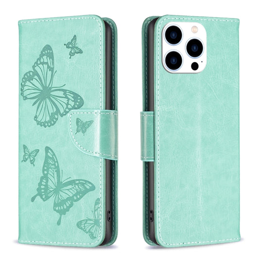 For iPhone 16 Pro Embossing Two Butterflies Pattern Leather Phone Case(Green) by buy2fix