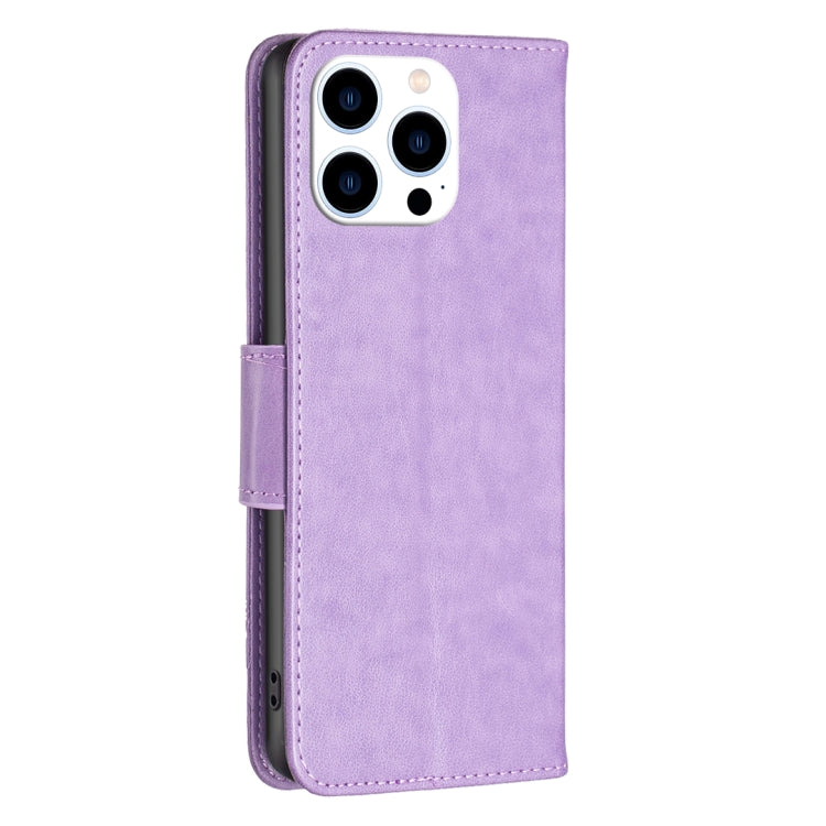For iPhone 16 Pro Embossing Two Butterflies Pattern Leather Phone Case(Purple) by buy2fix