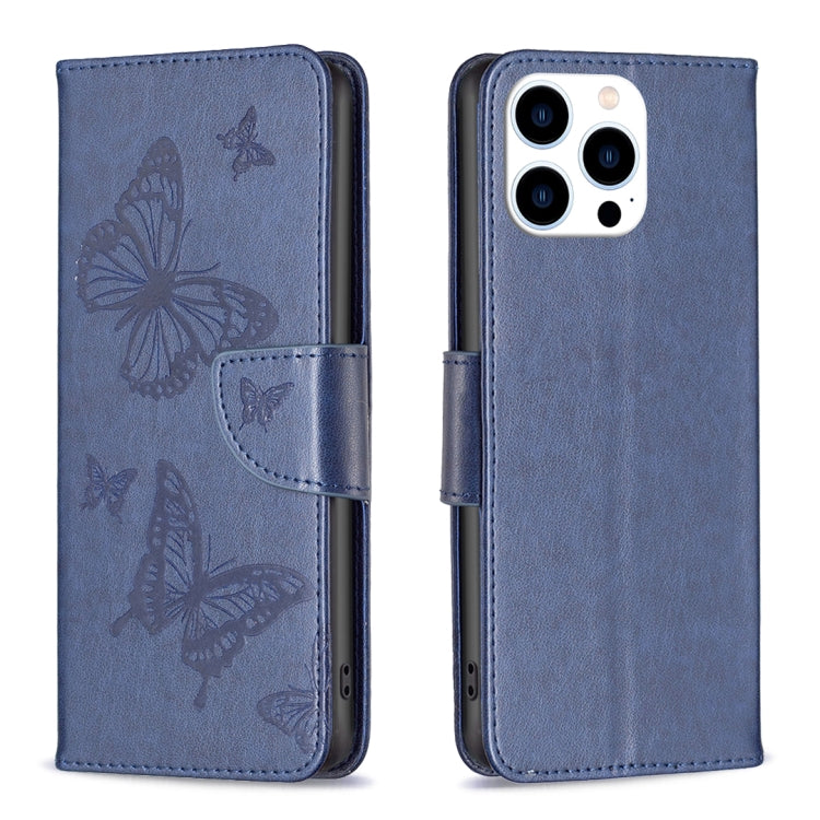 For iPhone 16 Pro Embossing Two Butterflies Pattern Leather Phone Case(Blue) by buy2fix