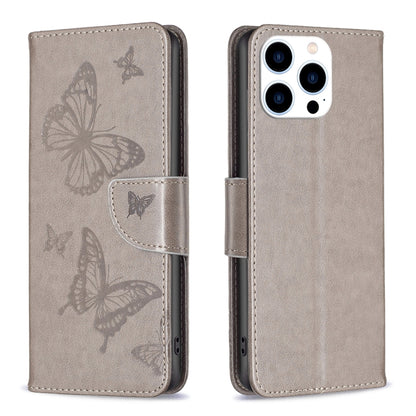 For iPhone 16 Pro Embossing Two Butterflies Pattern Leather Phone Case(Grey) by buy2fix
