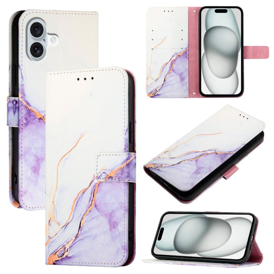 For iPhone 16 Plus PT003 Marble Pattern Flip Leather Phone Case(White Purple) - iPhone 16 Plus Cases by buy2fix | Online Shopping UK | buy2fix