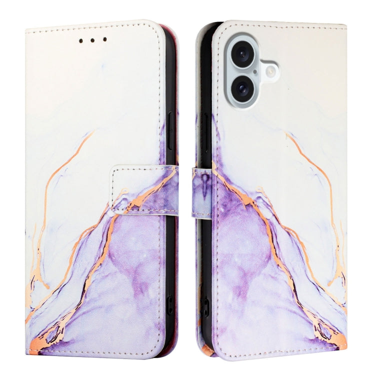For iPhone 16 Plus PT003 Marble Pattern Flip Leather Phone Case(White Purple) - iPhone 16 Plus Cases by buy2fix | Online Shopping UK | buy2fix