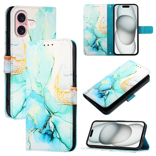 For iPhone 16 PT003 Marble Pattern Flip Leather Phone Case(Green) - iPhone 16 Cases by buy2fix | Online Shopping UK | buy2fix