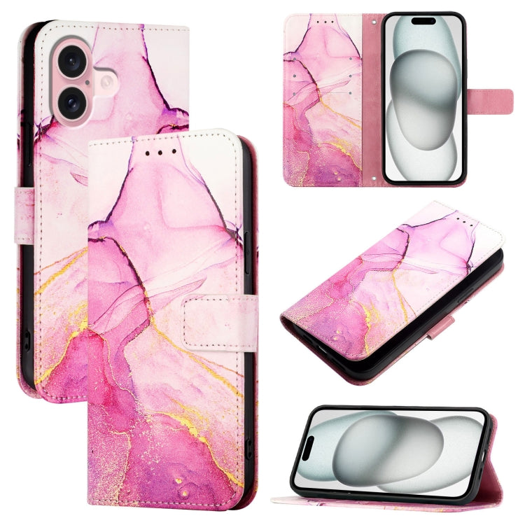 For iPhone 16 PT003 Marble Pattern Flip Leather Phone Case(Pink Purple Gold) - iPhone 16 Cases by buy2fix | Online Shopping UK | buy2fix
