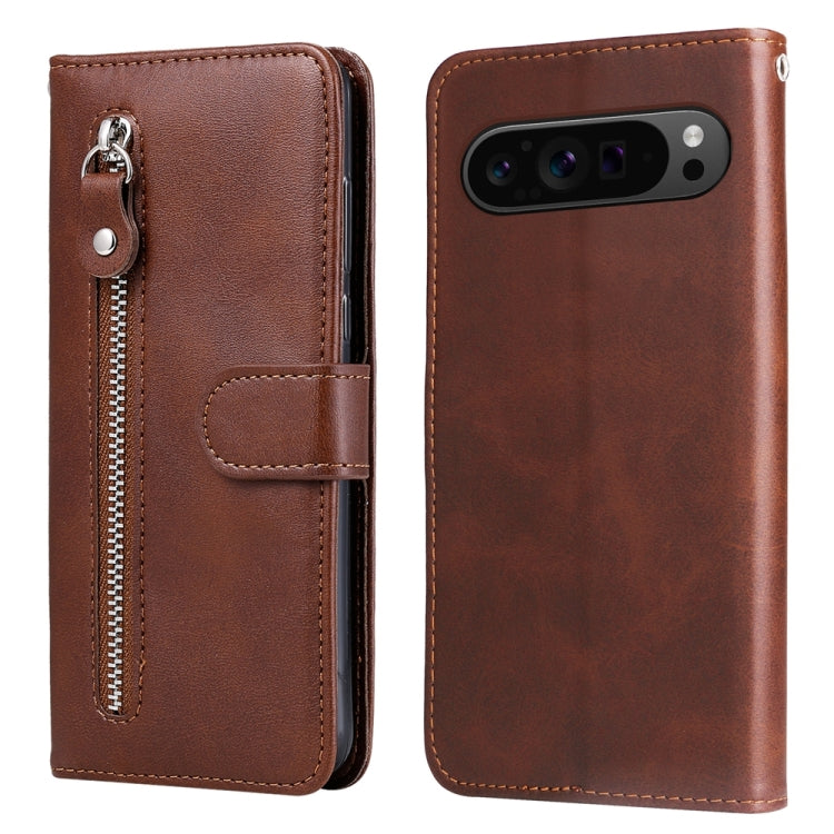 For Google Pixel 9 Pro Fashion Calf Texture Zipper Leather Phone Case(Brown) by buy2fix