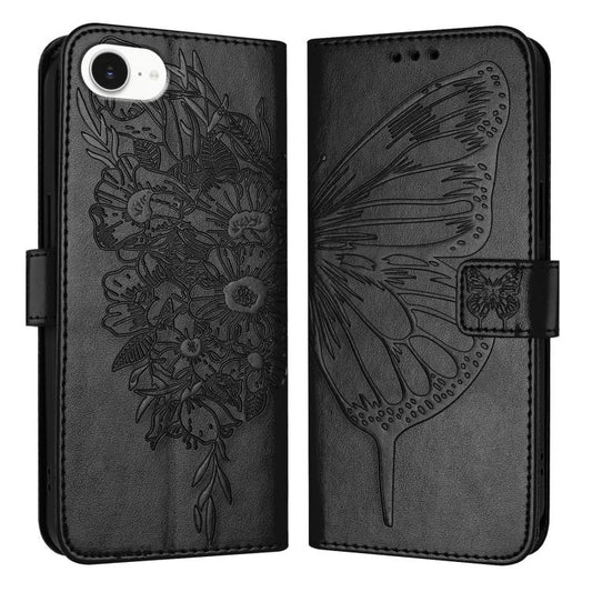 For iPhone 16e Embossed Butterfly Leather Phone Case(Black) by buy2fix