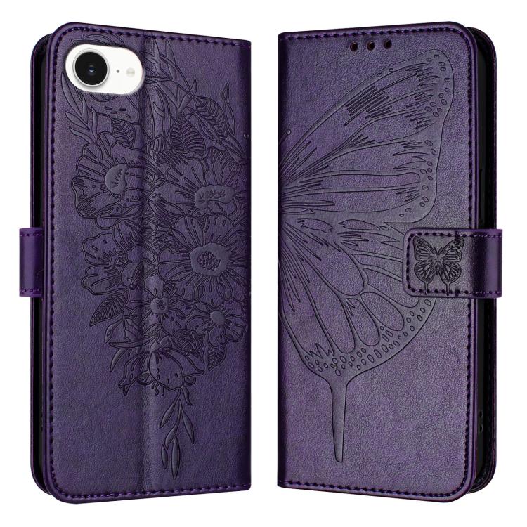 For iPhone 16e Embossed Butterfly Leather Phone Case(Dark Purple) by buy2fix