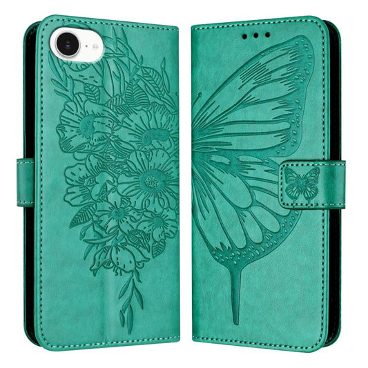 For iPhone 16e Embossed Butterfly Leather Phone Case(Green) by buy2fix