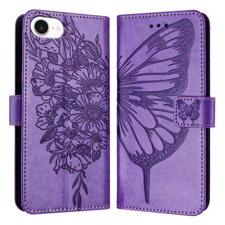 For iPhone 16e Embossed Butterfly Leather Phone Case(Light Purple) by buy2fix