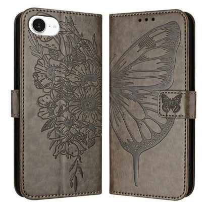 For iPhone 16e Embossed Butterfly Leather Phone Case(Grey) by buy2fix