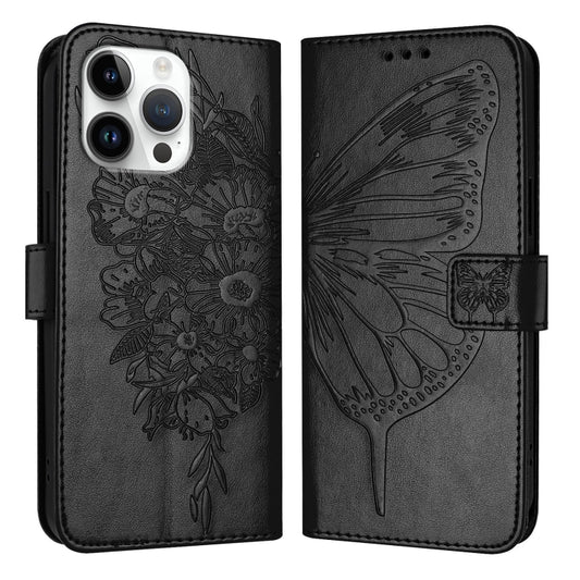 For iPhone 16 Pro Max Embossed Butterfly Leather Phone Case(Black) by buy2fix