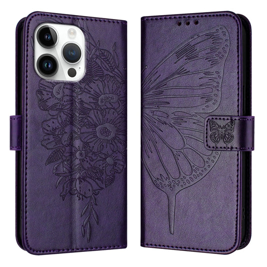 For iPhone 16 Pro Max Embossed Butterfly Leather Phone Case(Dark Purple) by buy2fix