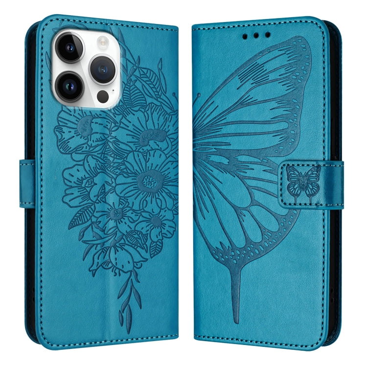 For iPhone 16 Pro Max Embossed Butterfly Leather Phone Case(Blue) by buy2fix